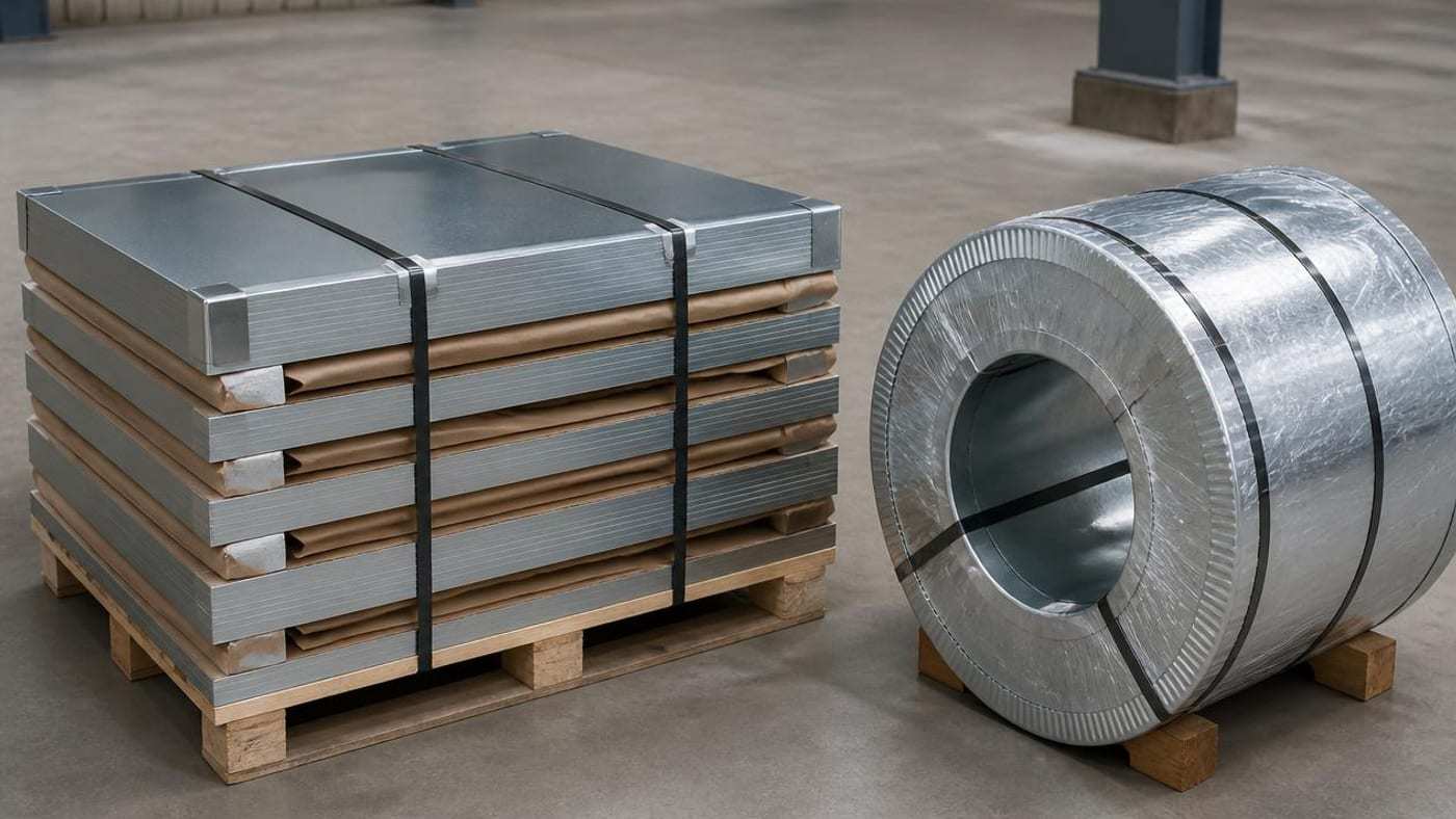 Original illustration comparing a wrapped steel coil with a banded pallet of stacked cut-to-length galvanized sheets