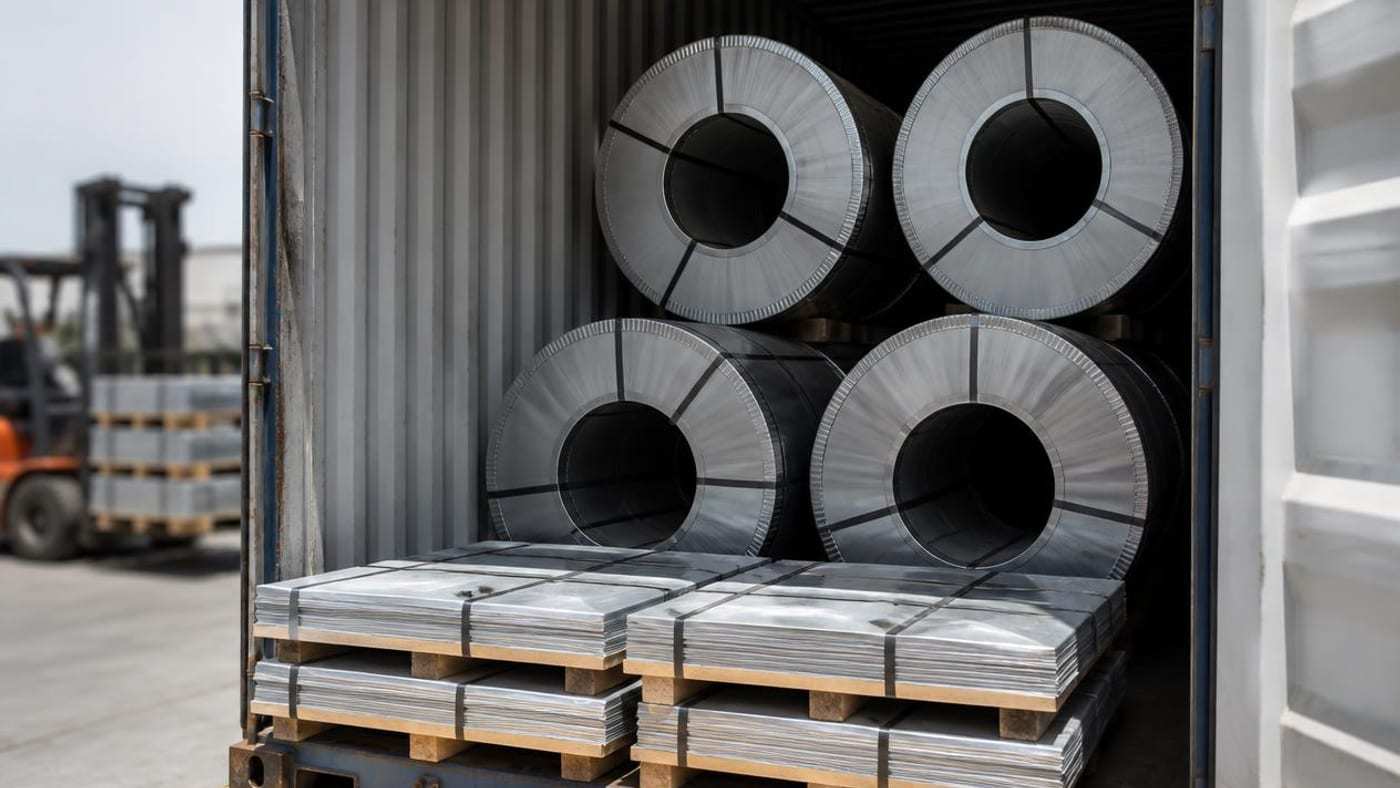 Original illustration of steel coils and pallets of cut-to-length sheets loaded in a shipping container