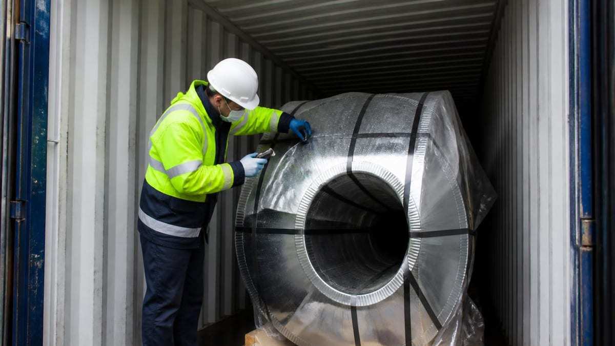 Arrival inspection of galvanized steel coil inside an opened shipping container