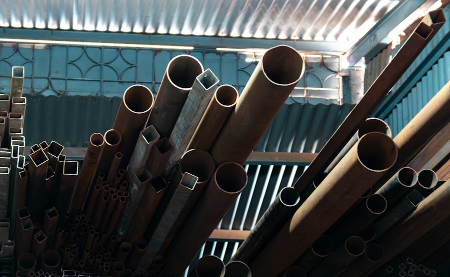 Steel pipes and tubes stored as industrial inventory
