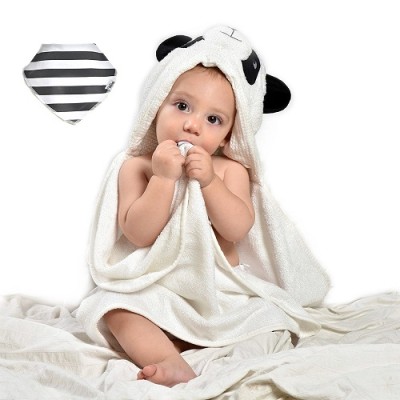 EXTRA absorbent Organic bamboo baby hooded bath towel - Super soft set for toddler and infant with bandana bib