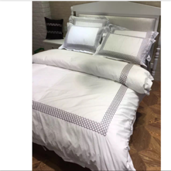 4pcs 100% Cotton sateen fabric luxury hotel bedding set white matched with silver grey fabric doona covers