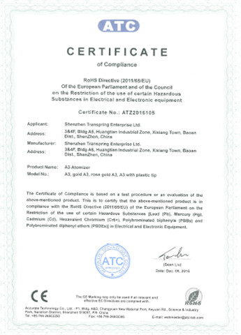ROHS certificate of A3 vape cartridge