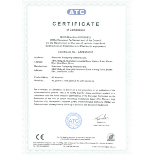 ROHS certificate of A3 vape cartridge