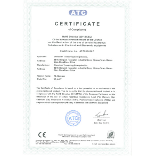 ROHS certificate of A5 vape cartridge