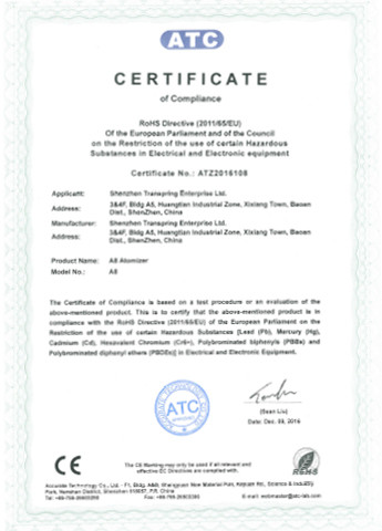 ROHS certificate  of A8 vape cartridge
