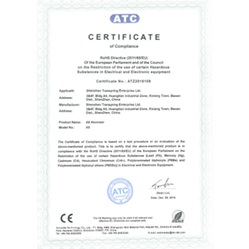 ROHS certificate  of A8 vape cartridge