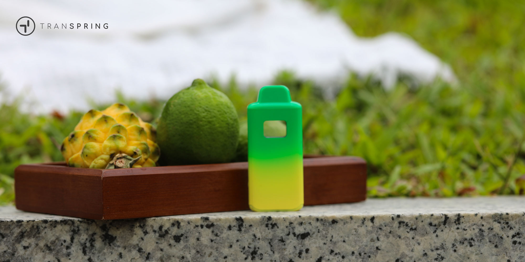Disposable vape placed with fruits, suggesting flavor profile and lifestyle context