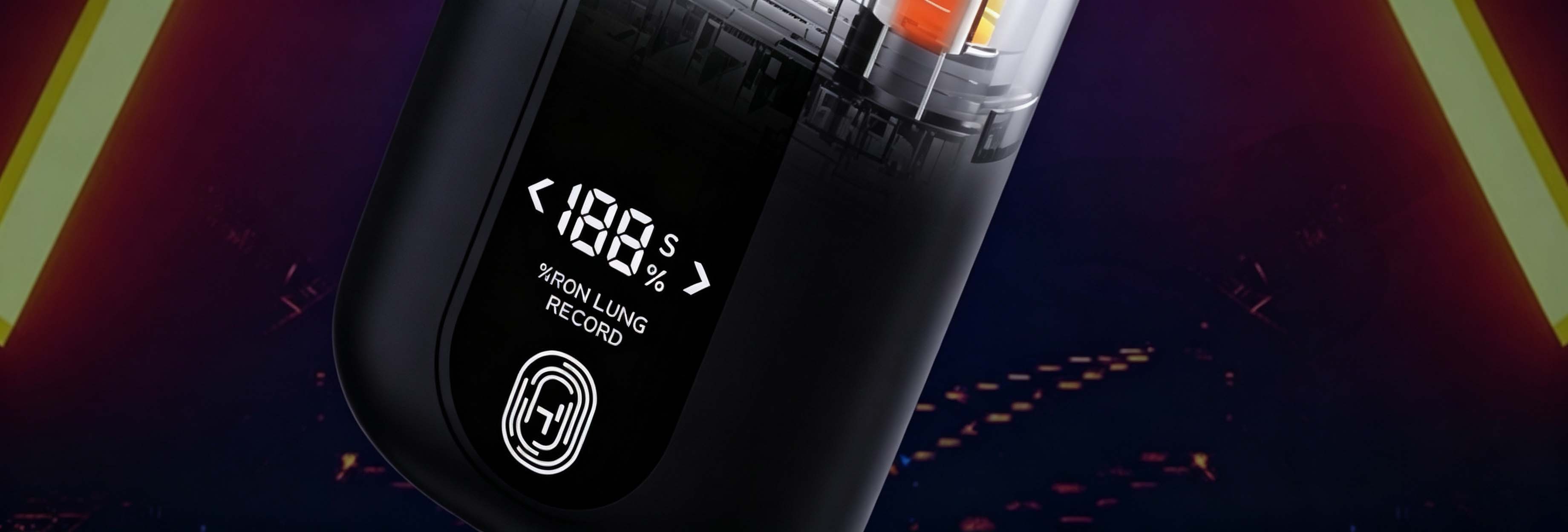 Vape devices on display shelf showing onboard screens and interactive interface