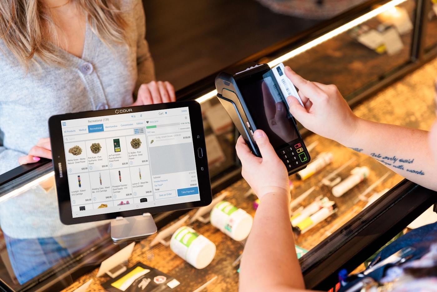 Cannabis vape hardware on display at a modern dispensary