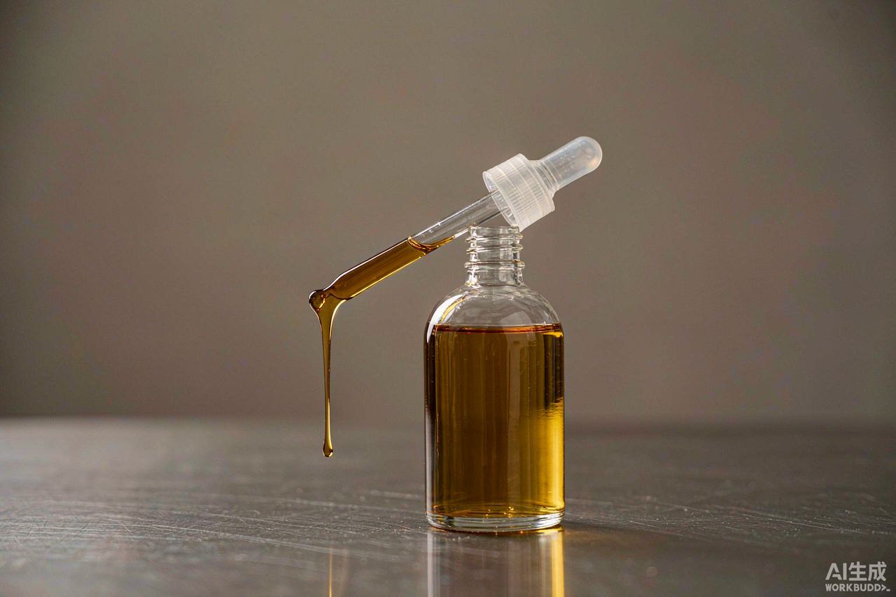 Golden cannabis oil in a glass dropper bottle beside a glass stirring rod on a laboratory workbench