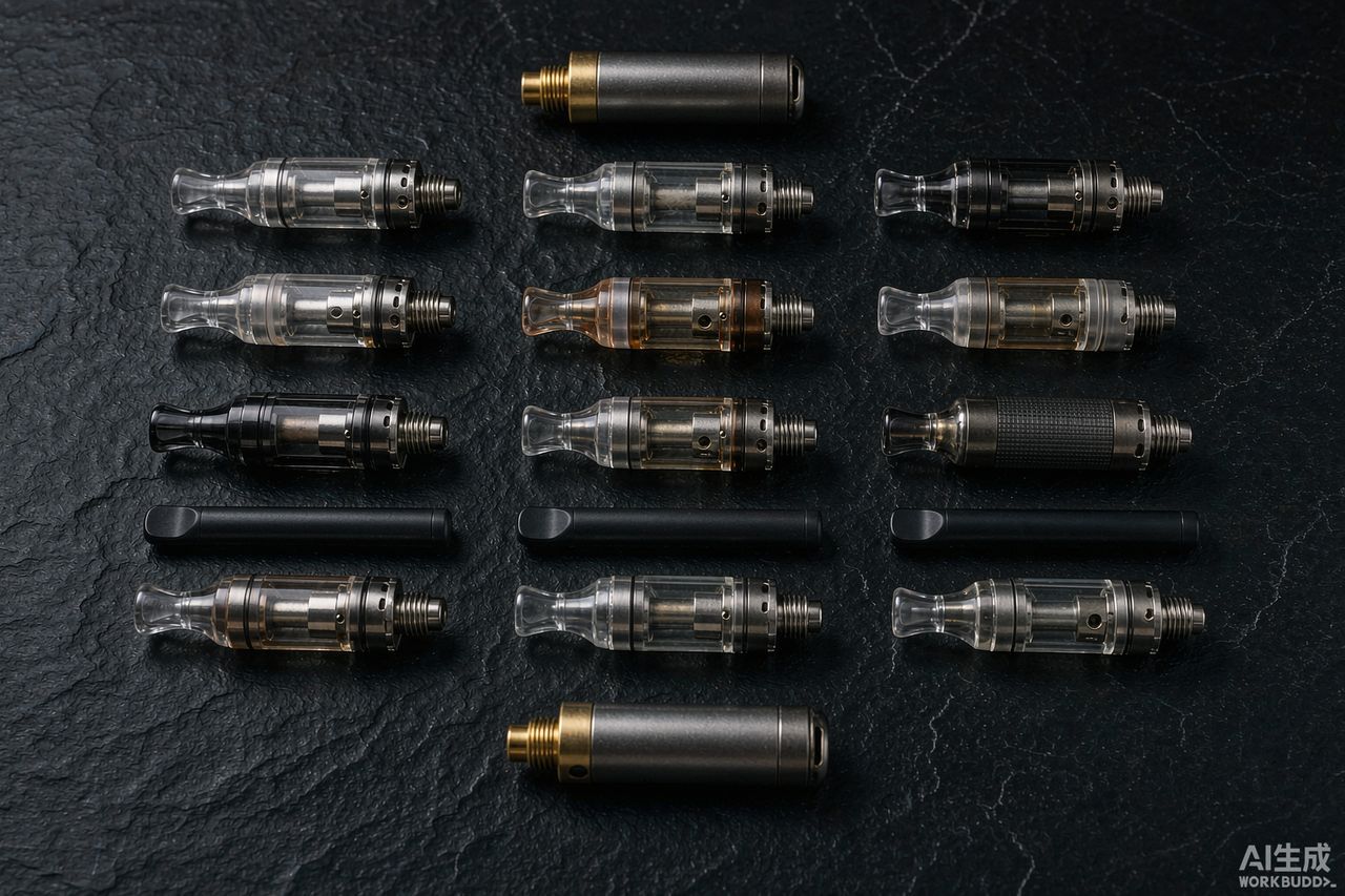 Empty cannabis vape cartridges with 510 threaded bases arranged with disposable vapes and 510 batteries on a dark surface