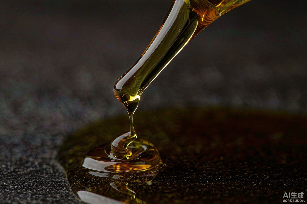 Extreme macro view of thick amber oil being poured, showing viscosity and surface tension