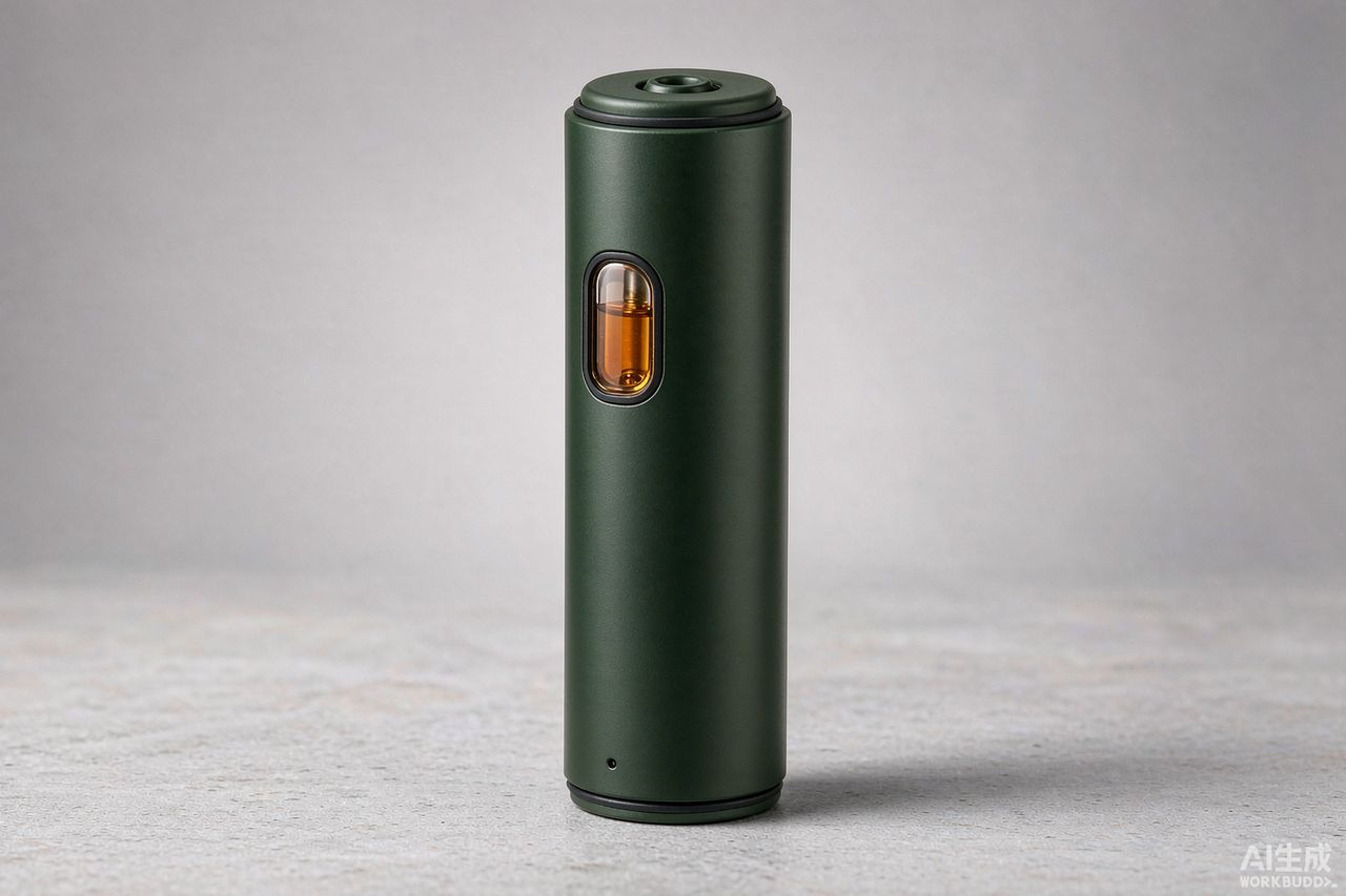 Compact matte green all-in-one cannabis vape device with a clear oil window standing on a stone surface