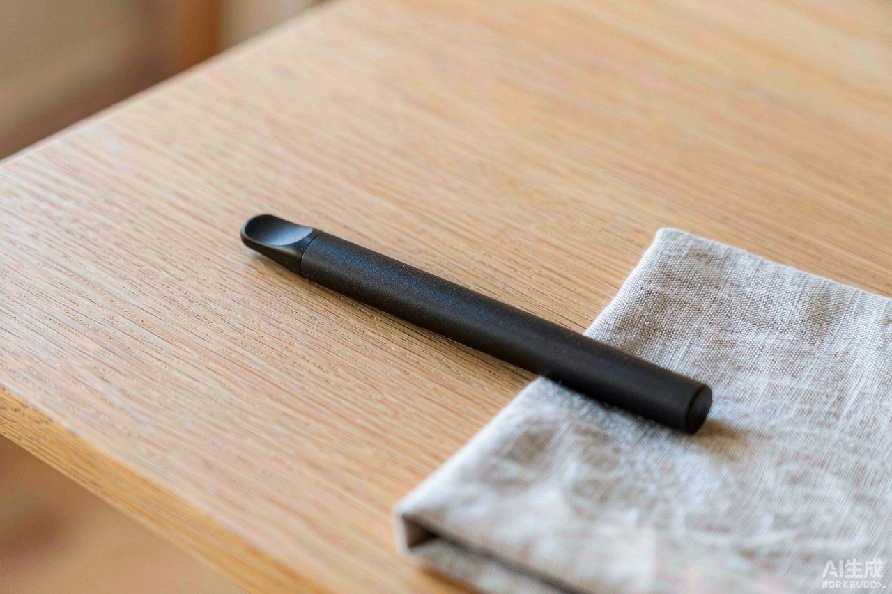 Slim matte black disposable cannabis vape pen resting on a pale wood table