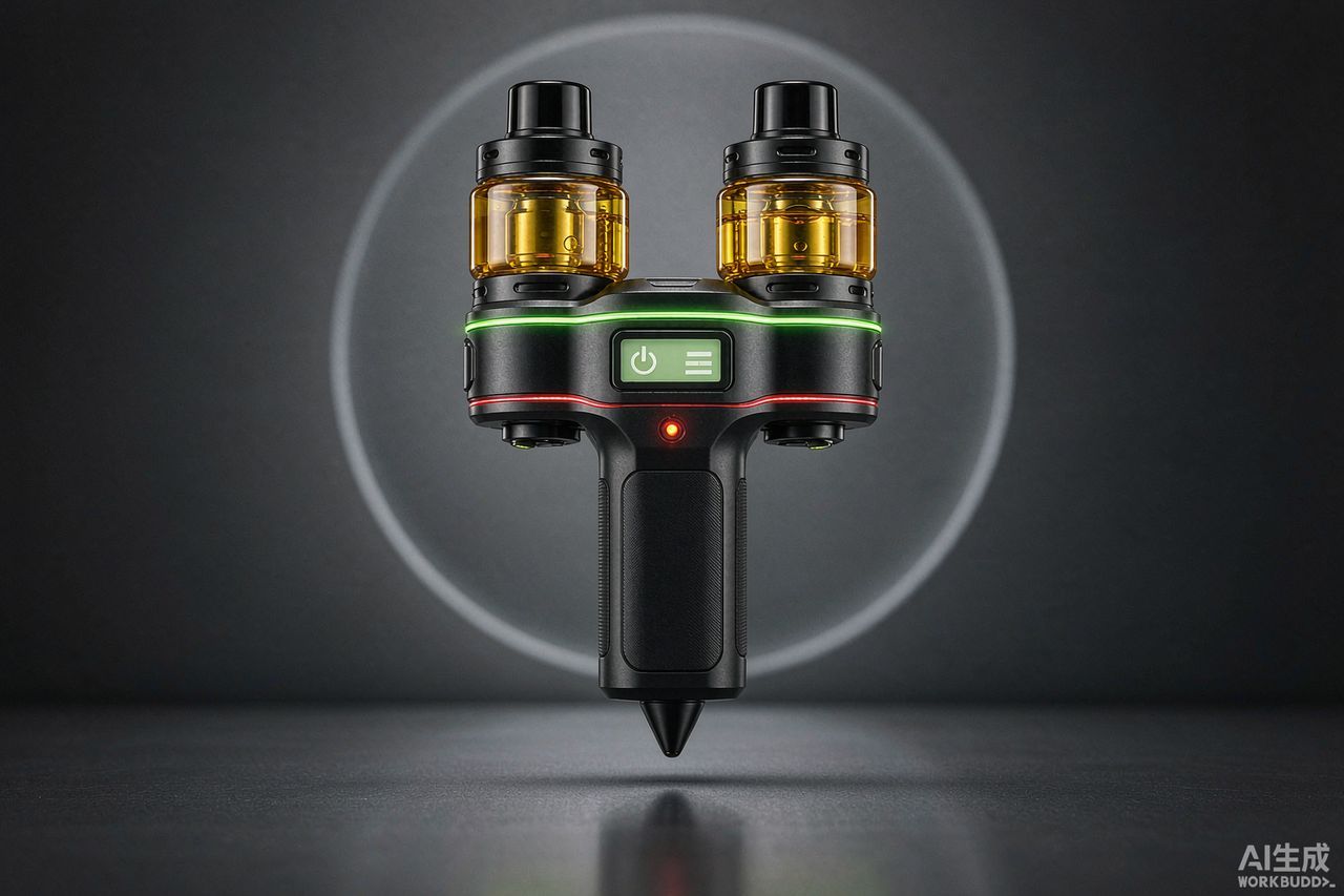 Premium cannabis vape device with two translucent oil chambers and a small digital display