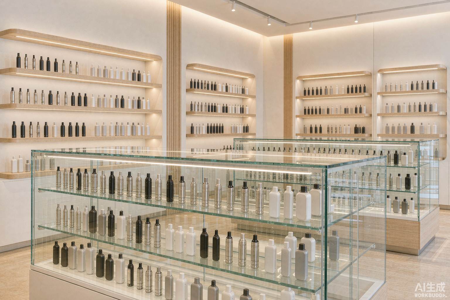 Modern cannabis retail dispensary display cases with rows of vape cartridges and disposable vape devices