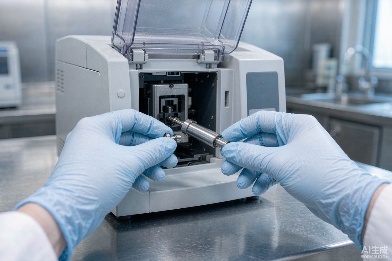 Gloved laboratory technician loading a metal vape cartridge component into a benchtop instrument for heavy metal testing