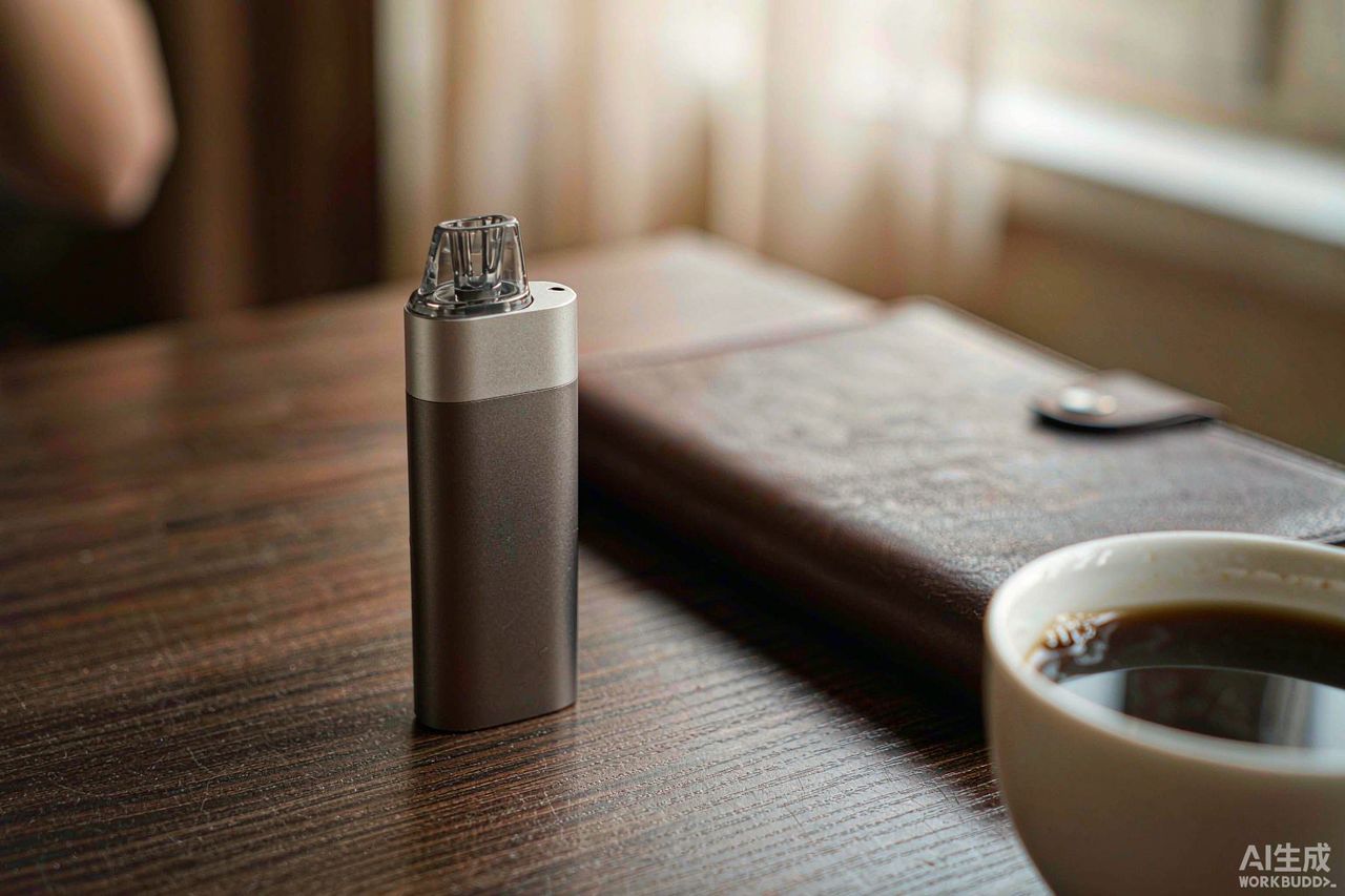 Cannabis vape device resting on a dark wooden desk beside a notebook and a cup of coffee