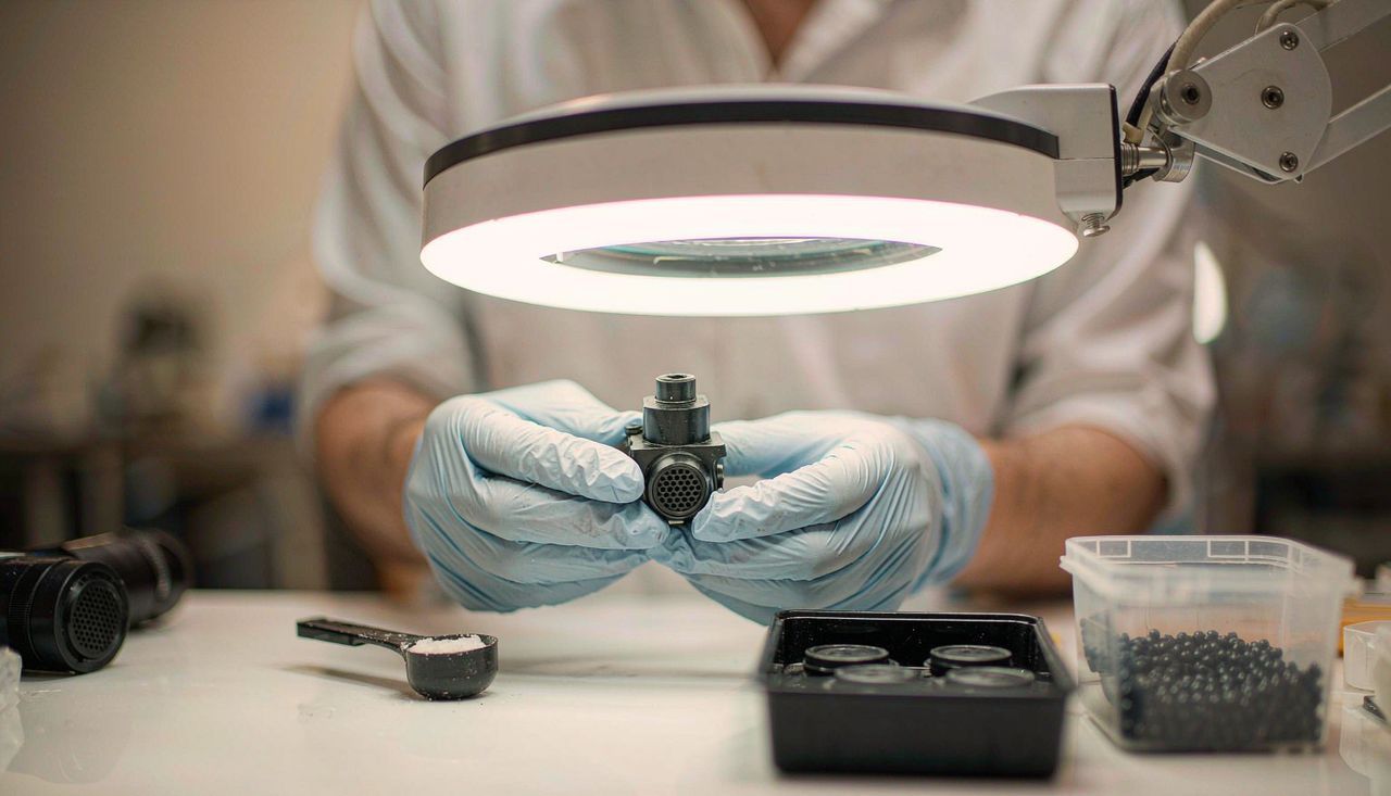 Quality control bench with gloved hands inspecting vape hardware under a magnifier lamp