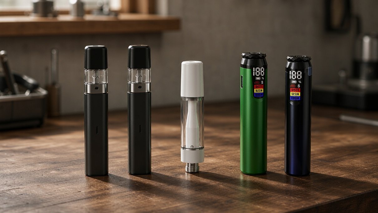 Transpring PEAK X pod vaporizer, CLEAR 510 thread cartridge, and B310-A pen battery side by side on a walnut workbench