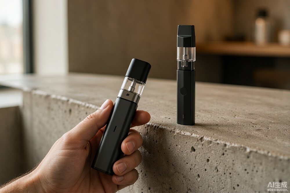 Transpring PEAK X pod vaporizer standing upright on a concrete ledge in soft window light