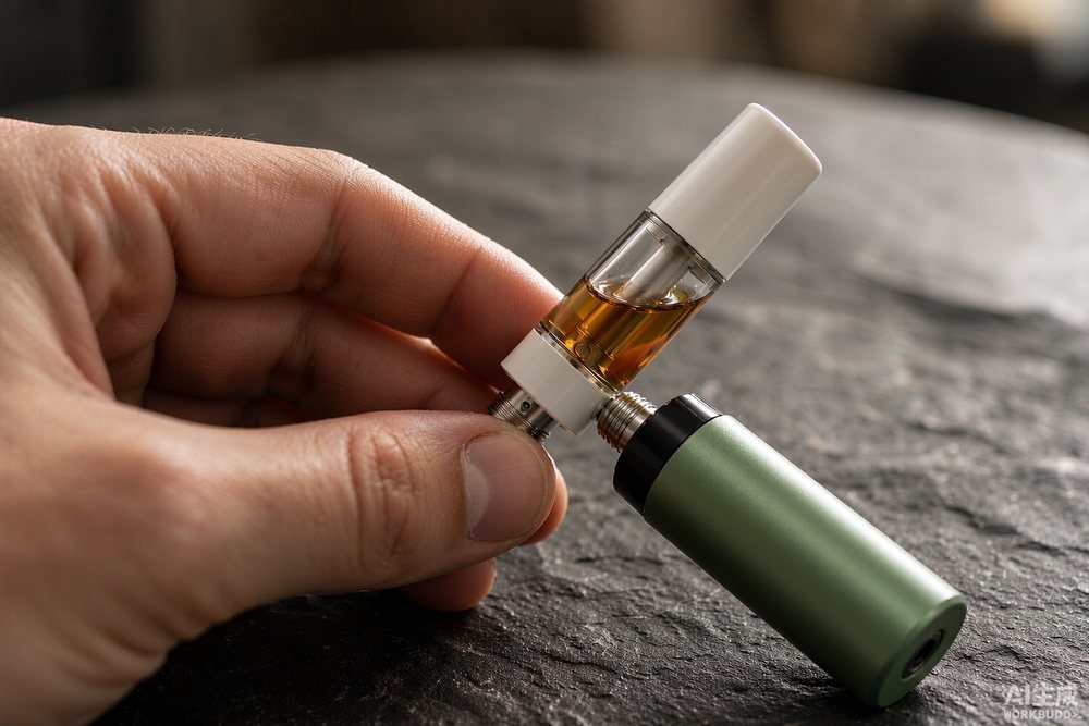 Transpring CLEAR 510 thread cartridge paired with a slim B310-A pen battery on a stone surface