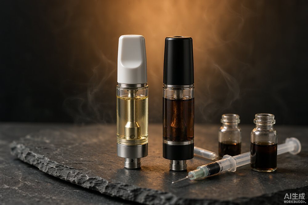 Transpring CLEAR and CARBOY 510 glass cartridges filled with distillate and live resin at different viscosities