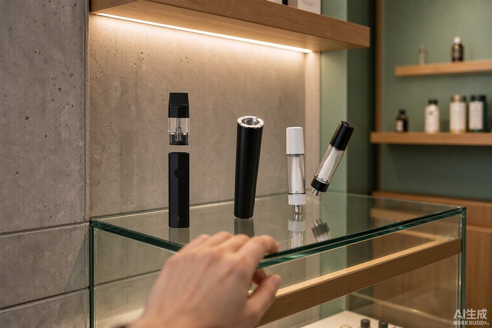 Transpring pod device, B650 pen battery, and CARBOY cartridge presented on a dispensary retail shelf