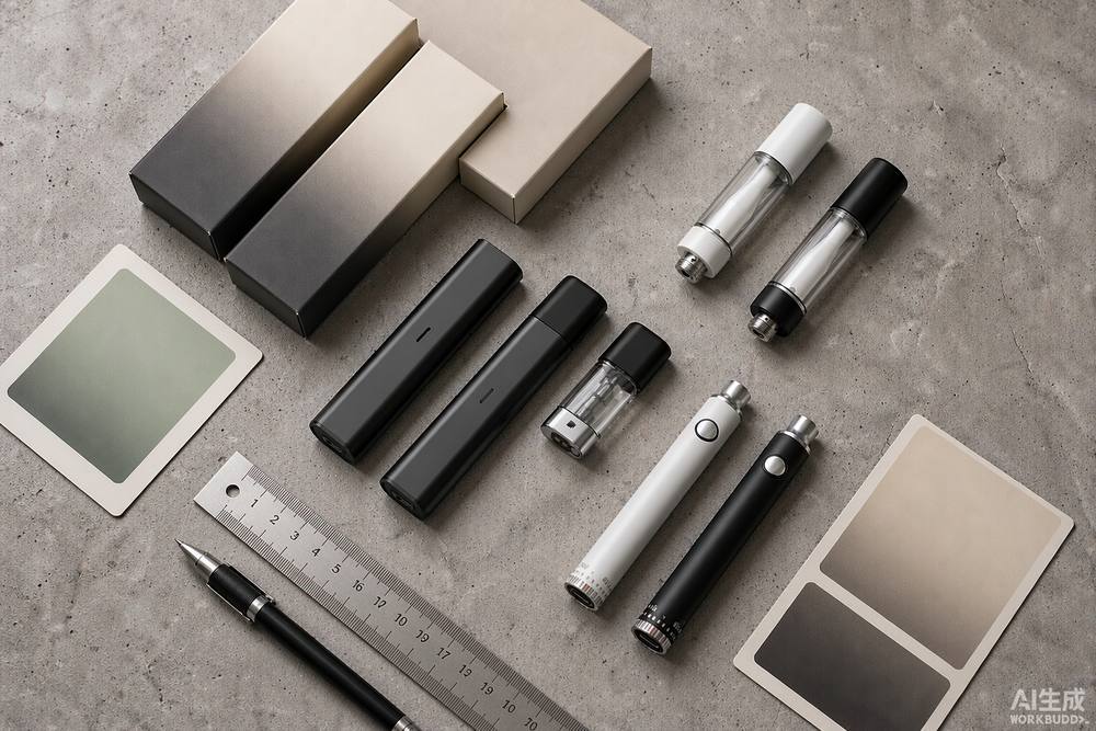 Flat lay of Transpring pod, cartridge, and battery hardware with blank packaging and sage green color swatches