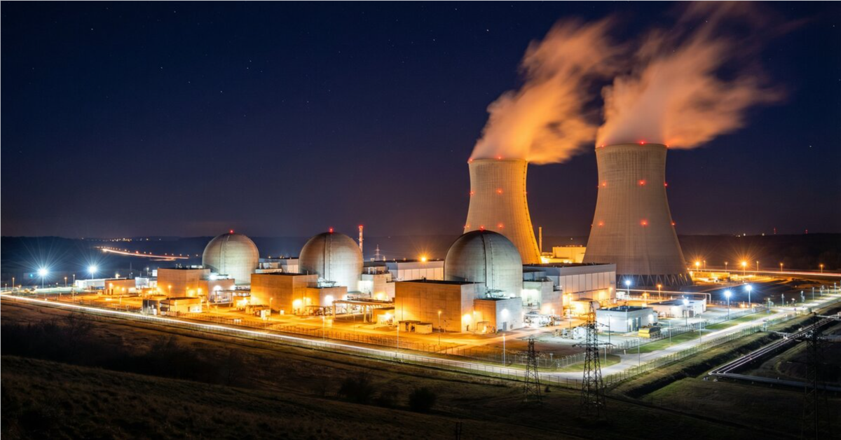 Nuclear Power Plant Night Operation Cooling Tower Steam Nuclear Energy Generation