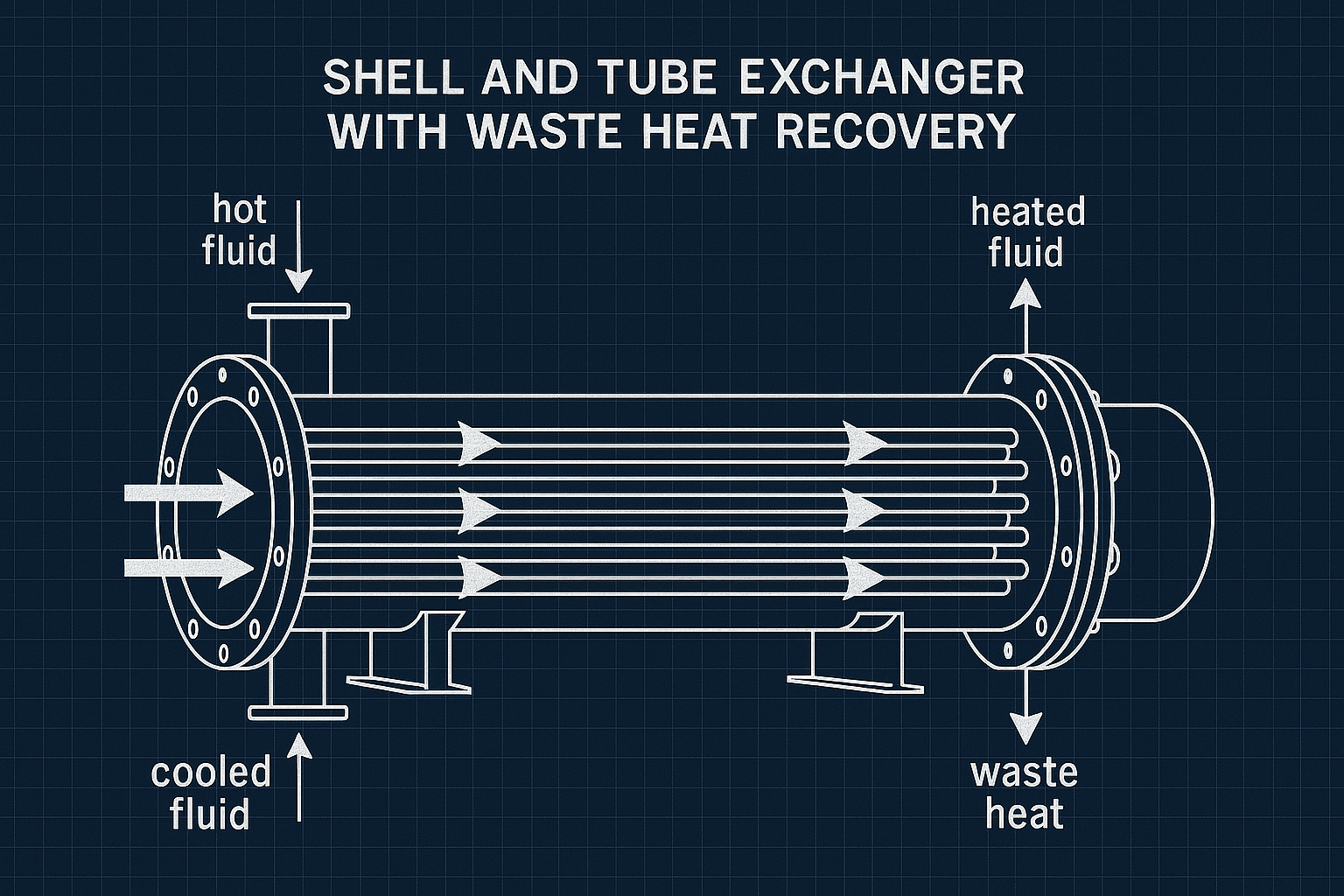 A diagram of a shell and tube exchanger with waste heat recovery, showing heat flow arrows, industrial blueprint style, high contrast