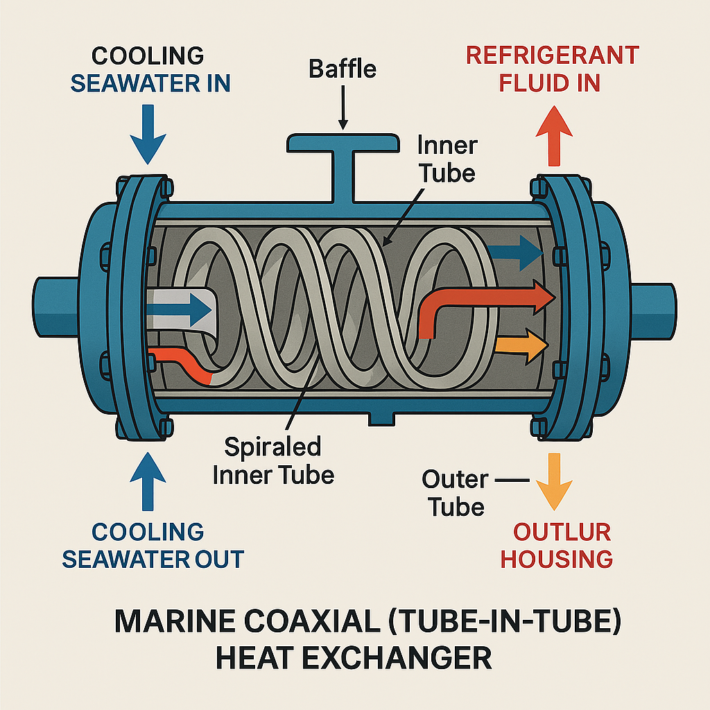 Diagram of a marine coaxial heat exchanger showing tube-in-tube design with water and refrigerant flow