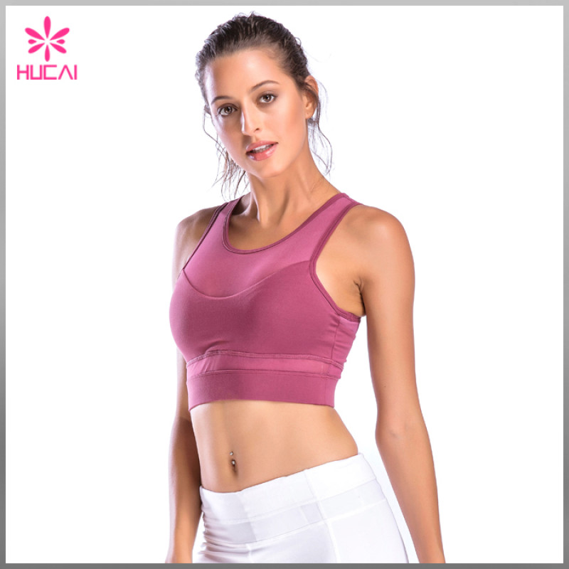 Wholesale Rose Red Yoga Wear Girls Removable Padded Mesh Sports Bra