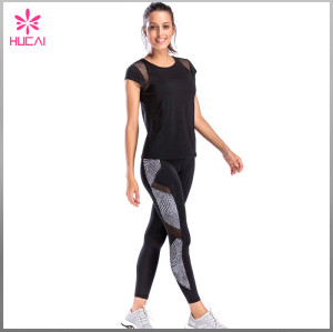 Hucai Gym Clothing Running Wear Quick Dry Women Mesh Workout T Shirt