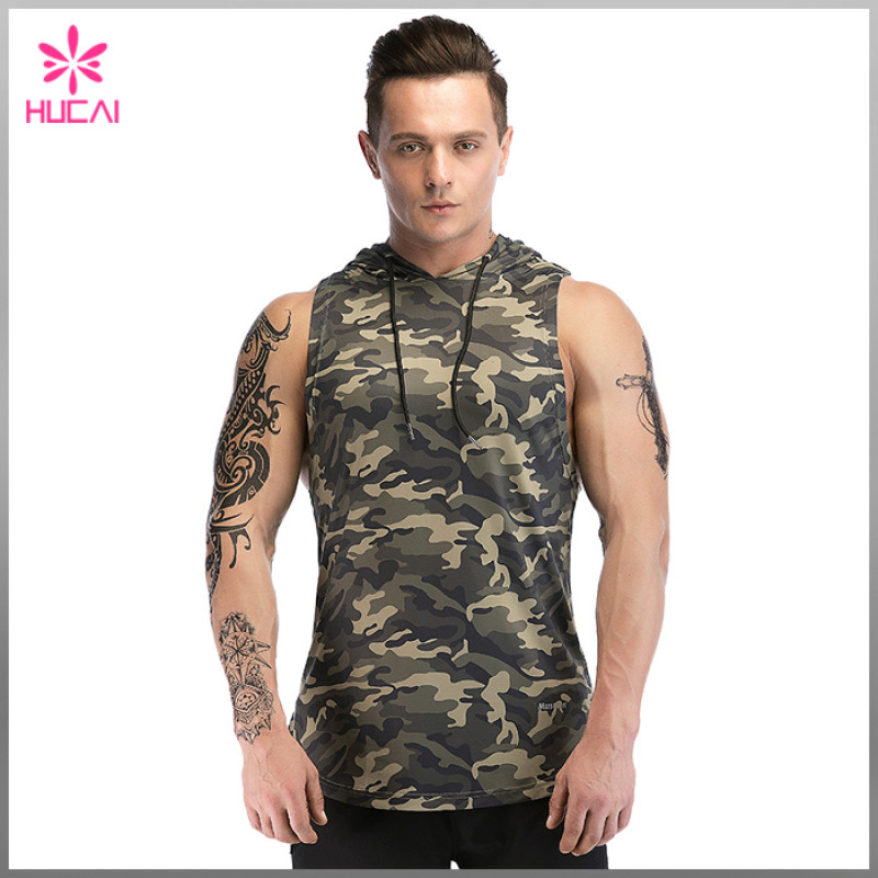 Wholesale Muscle Fit Training Clothes Sleeveless Hooded Camo Tank Top For Men Custom