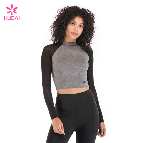 Custom Polyester Spandex Dry Fit Gym Clothing Women Mesh Plain Yoga Long Sleeve Crop Top