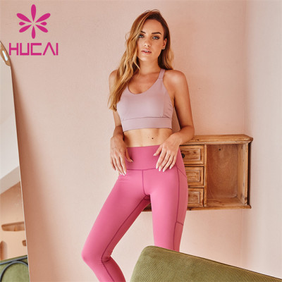 Customized Gym Ladies Grey Sports Bra And Pink Striped High Waist Leggings Wholesale Supplier