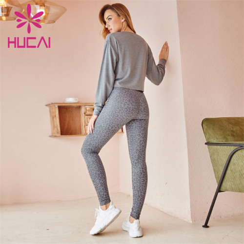 Wholesale Sportswear Apparel Gray Long-Sleeved Loose-Fitting Sports Top And Gray Printed Yoga Pants
