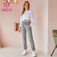 Wholesale Sportswear Apparel White Long-Sleeved Top And Gray Loose-Fitting Sweatpants