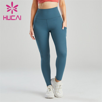 Ladies Blue High Waist Belt Pocket Design Leggings Wholesale