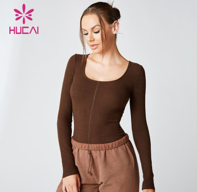 Line Stitch Design Long Sleeve T Shirts Female Hucai Sportswear Manufacturer