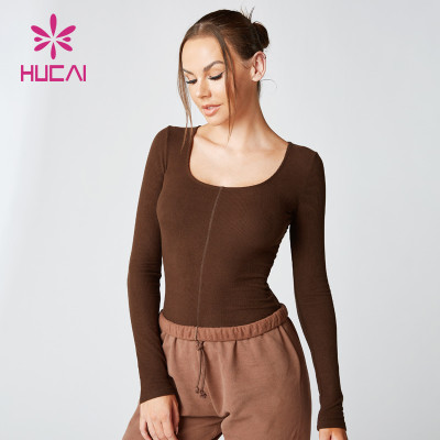 Line Stitch Design Long Sleeve T Shirts Female Hucai Sportswear Manufacturer
