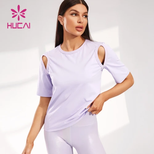 Sleeve Clip Hollowed Out Design T Shirts Female Hucai Sportswear Manufacturer