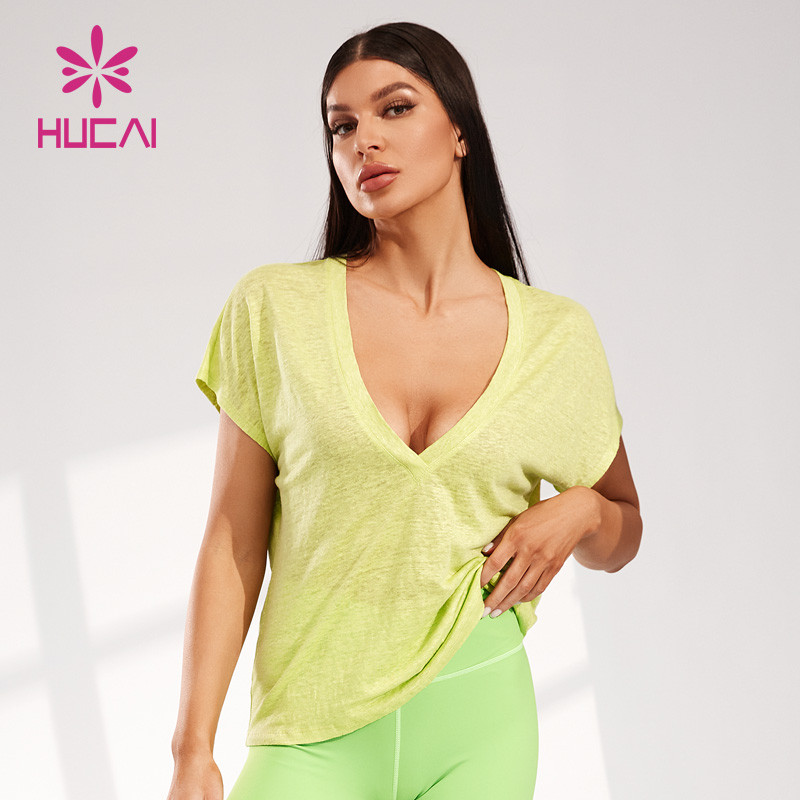 Ultra Deep "V" Neck Type Short Sleeve T-shirt Hucai Sportswear Manufacturer