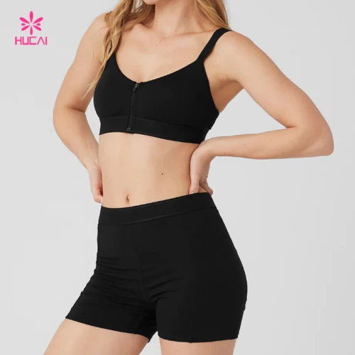 HUCAI Custom Zipper Black Sports Bra Subtle V-shaping on the Back and Flat China Manufacturer
