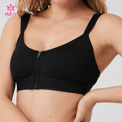 HUCAI Custom Zipper Black Sports Bra Subtle V-shaping on the Back and Flat China Manufacturer