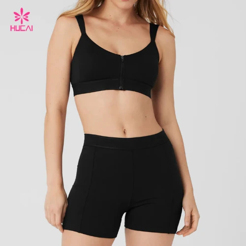 HUCAI Custom Zipper Black Sports Bra Subtle V-shaping on the Back and Flat China Manufacturer