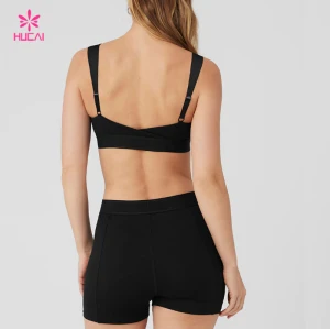 HUCAI Custom Zipper Black Sports Bra Subtle V-shaping on the Back and Flat China Manufacturer