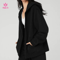 HUCAI Custom Heavy Weight Full Zip Hoodie Warm Black Premium Fabric Jackets Manufacturer